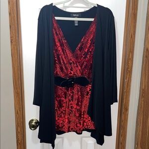 65. Style & Co Black & Red Burnout Blouse with Black Belt Accent 3X EUC